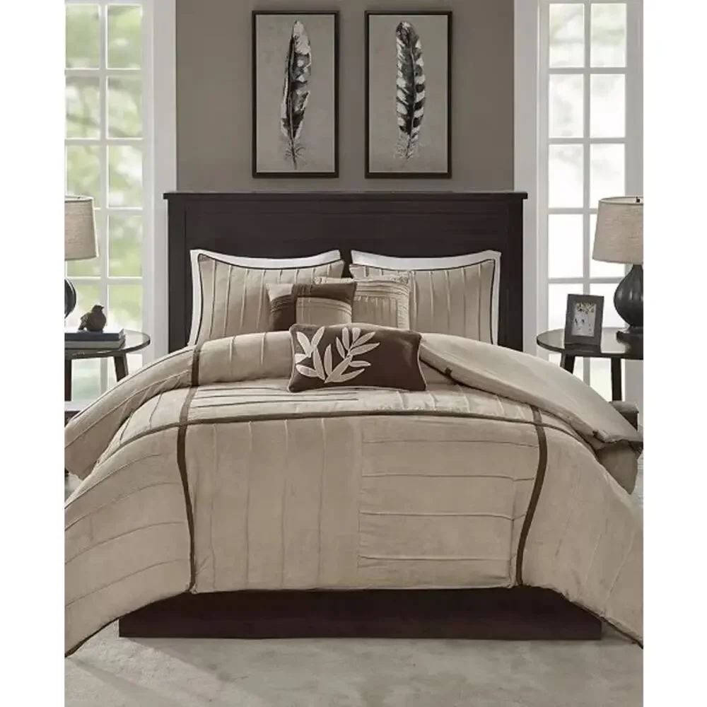 NEW! Madison Park Meyers/Dune 7PC Faux Suede Comforter Set King Beige